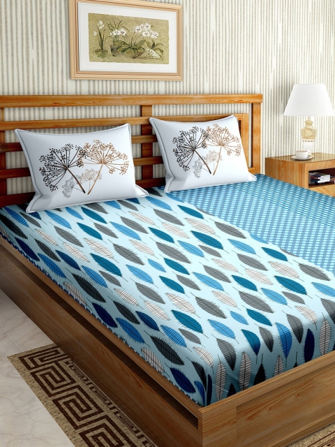 

BELLA CASA Blue & Brown Floral 160 TC Cotton King Bedsheet with 2 Pillow Covers