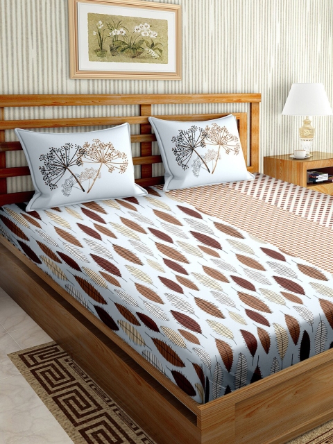 

BELLA CASA Brown & Blue Geometric 160 TC King Bedsheet with 2 Pillow Covers
