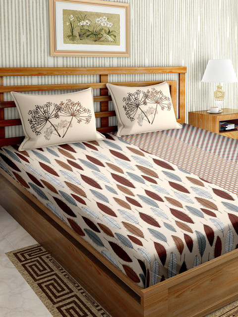 

BELLA CASA Brown & Cream-Coloured Geometric 160 TC King Bedsheet with 2 Pillow Covers
