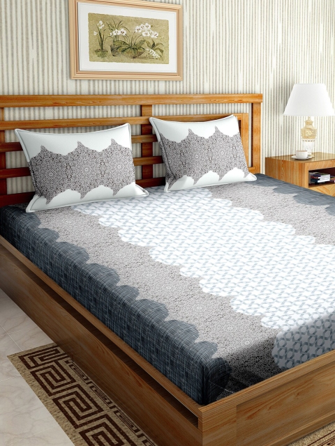 

BELLA CASA Grey & White Geometric 160 TC King Bedsheet with 2 Pillow Covers
