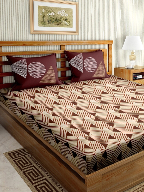 

BELLA CASA Brown & Maroon Geometric 160 TC King Bedsheet with 2 Pillow Covers