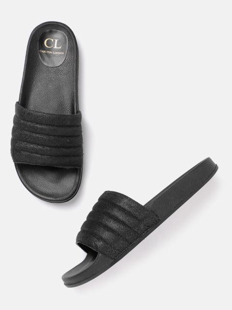

Carlton London Women Black Shimmer Self Striped Open Toe Flats