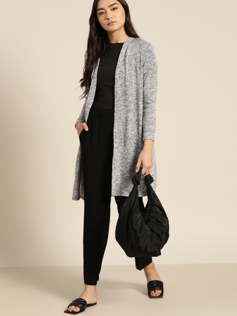 

ether Women Grey & Black Solid Longline Front-Open Sweater