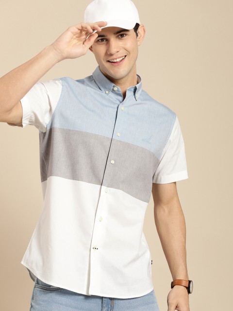 

Nautica Men White Classic Fit Colourblocked Button-Down Collar Casual Shirt