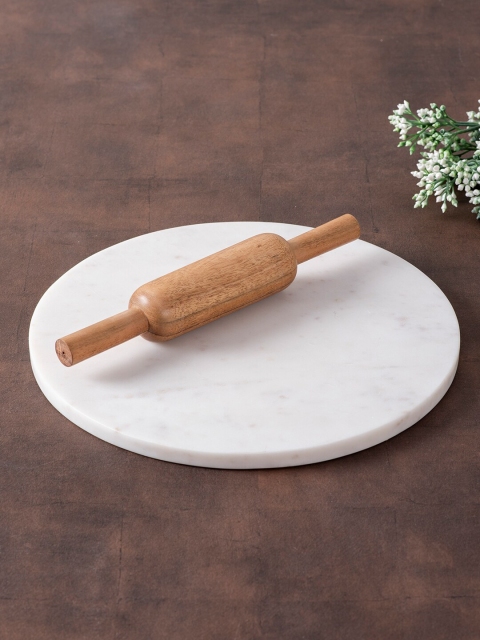 

nestroots White & Brown Marble Rolling Board and Wooden Rolling Pin