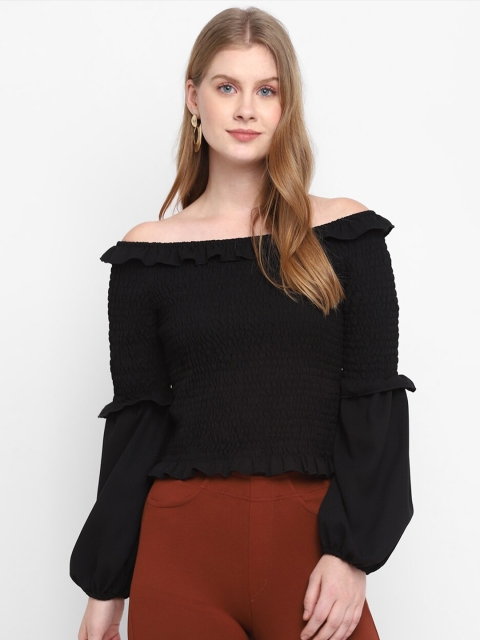 

FOSH Women Black Off-Shoulder Smocked Bishop Sleeves Bardot Top