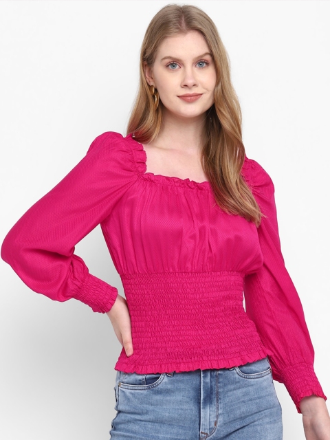 

FOSH Pink Solid Smocked Cinched Waist Top