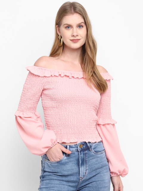 

FOSH Pink Off-Shoulder Georgette Smocked Bardot Top