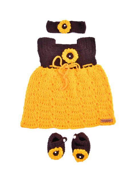 

The Original Knit Yellow & Brown Sunflower dress with booties and headband
