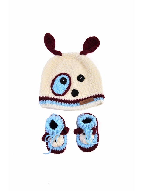 

The Original Knit Kids Pack Of 2 Cream & Blue Embroidered Handmade Cap With Booties
