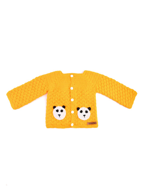 

The Original Knit Kids Yellow & White Ribbed Panda Applique Acrylic Cardigan