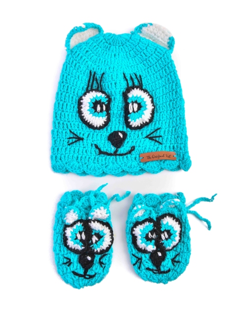 

The Original Knit Unisex Kids Blue & White Embroidered Beanie With Mittens