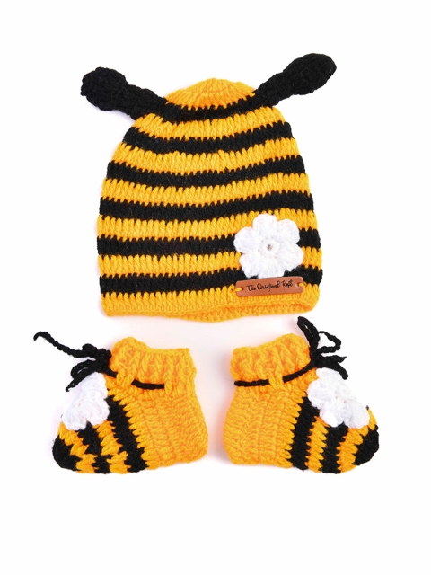 

The Original Knit Girls Yellow & Black Striped Beanie & Booties