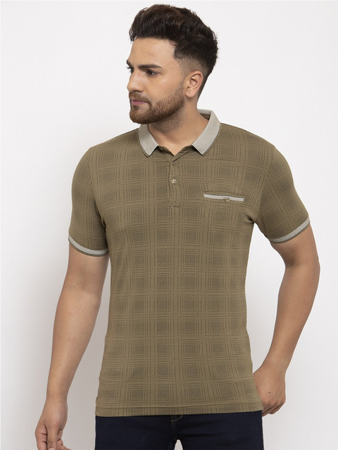 

CONFIDENCE Men Olive Green Checked Polo Collar Slim Fit T-shirt