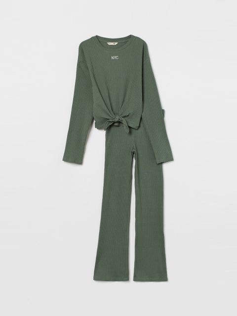 

H&M Girls Green Solid 2-piece Ribbed Cotton Set