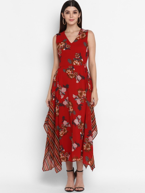 

NIZA Women Red & Green Floral Georgette Maxi Dress