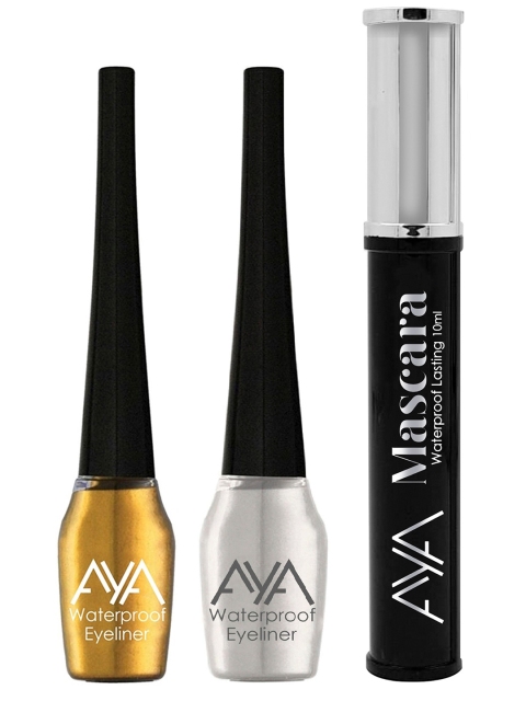 

AYA Set of 2 Waterproof Liquid Eyeliner & Black Mascara Combo, Silver