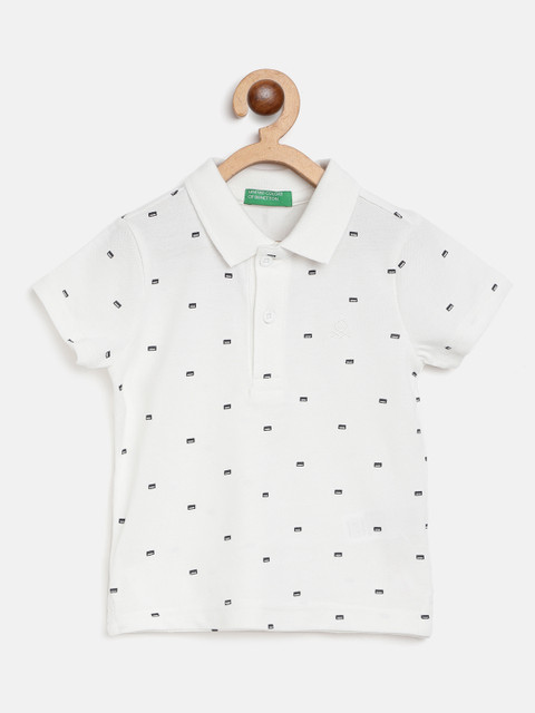 

United Colors of Benetton Boys White & Black Pure Cotton Micro Disty Print Polo T-shirt