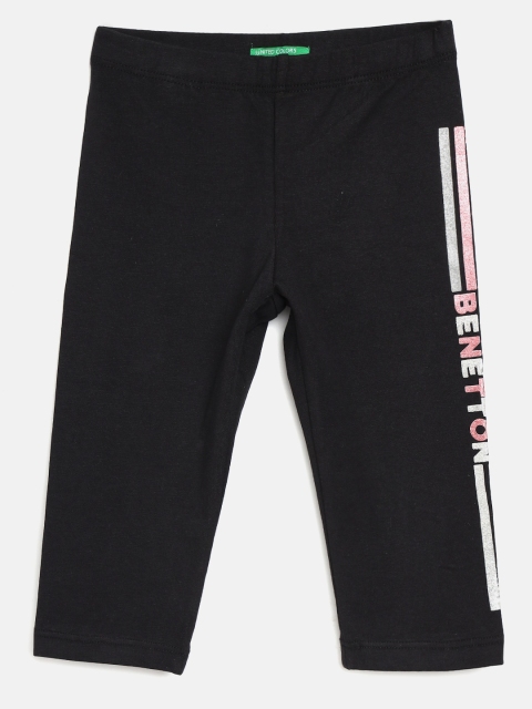 

United Colors of Benetton Girls Black Solid Ankle Length Leggings with Glitter Print