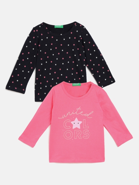 

United Colors of Benetton Girls Pack of 2 Printed Cotton Pure Cotton T-shirt, Navy blue