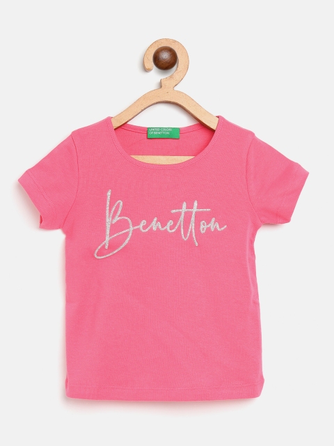 

United Colors of Benetton Girls Pink & Silver Brand Logo Print Cotton T-shirt