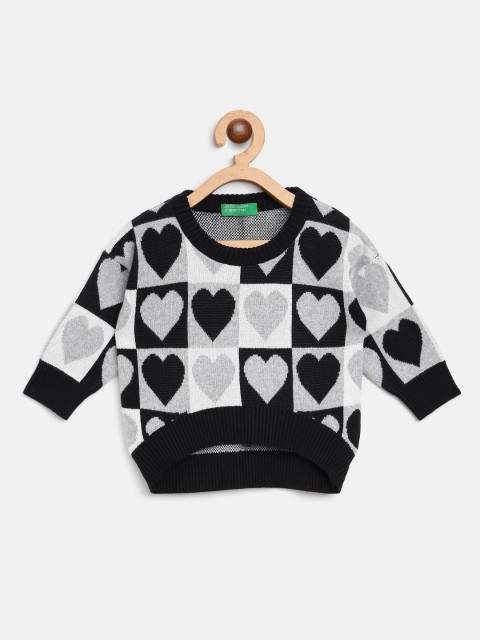 

United Colors of Benetton Girls Black & White Heart Print Pure Cotton Pullover