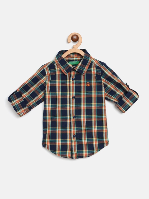 

United Colors of Benetton Boys Navy Blue & Orange Checked Cotton Casual Shirt