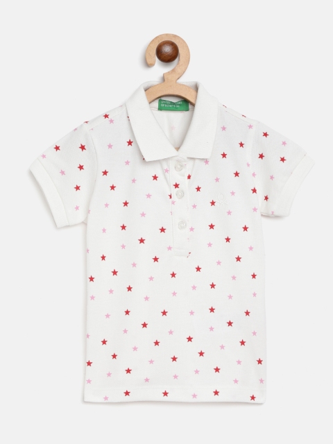 

United Colors of Benetton Girls Off White & Red Star Print Polo Collar Pure Cotton T-shirt