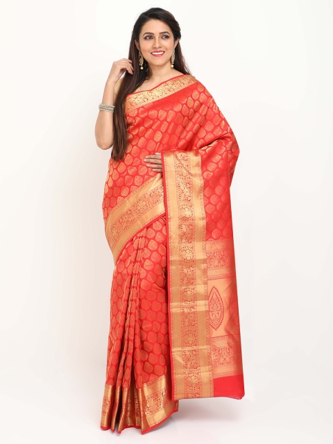 

SABOO COLLECTIONS Red & Gold-Toned Ethnic Motifs Pure Silk Kanjeevaram Saree