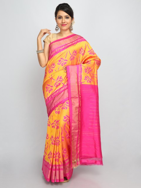 

SABOO COLLECTIONS Yellow & Pink Floral Pure Silk Ikat Saree