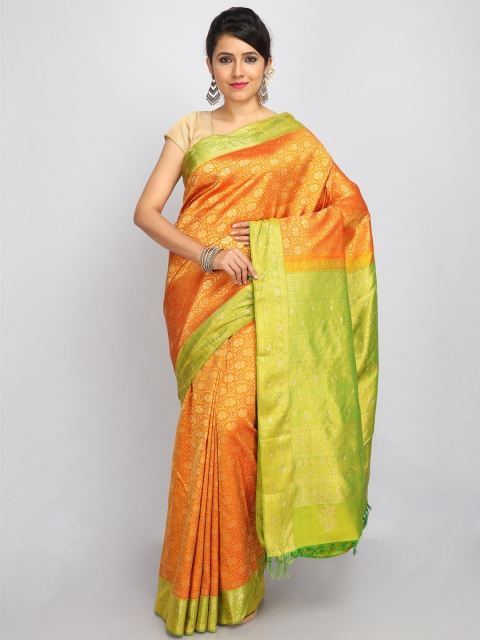 

SABOO COLLECTIONS Mustard & Green Floral Beads and Stones Pure Silk Kanjeevaram Saree