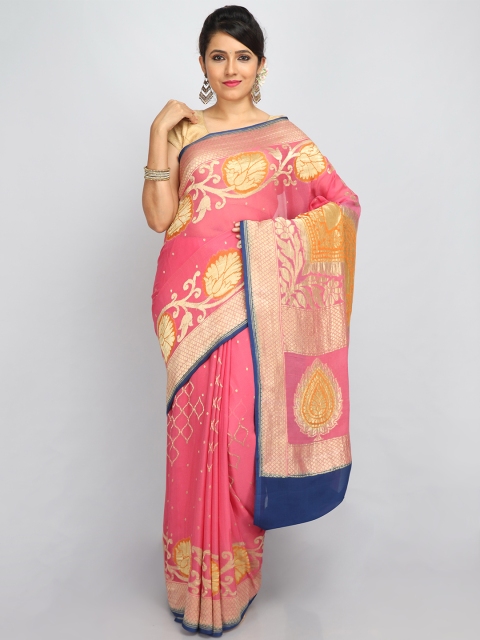 

SABOO COLLECTIONS Pink & Yellow Woven Design Pure Silk Banarasi Saree