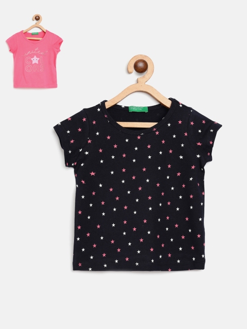 

United Colors of Benetton Girls Pack of 2 Printed Pure Cotton T-shirts, Navy blue
