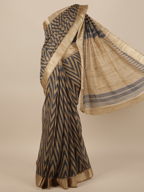 

Pothys Grey & Gold-Toned Geometric Printed Zari Jute Silk Saree