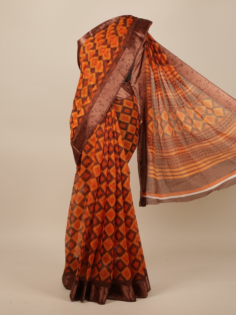 

Pothys Orange & Brown Printed Jute Silk Saree