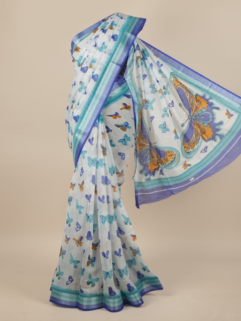 

Pothys Blue & White Floral Printed Zari Jute Silk Saree