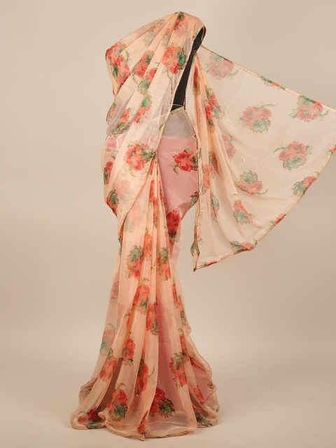 

Pothys Peach-Coloured & Pink Floral Printed Beads & Stones Saree