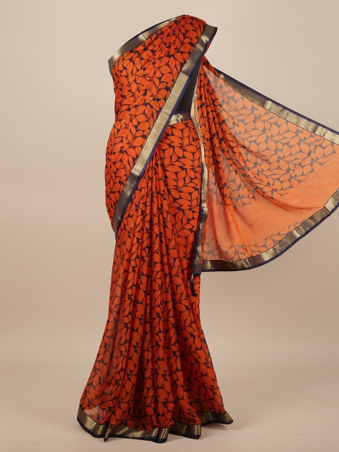 

Pothys Orange & Navy Blue Floral Printed Zari Saree