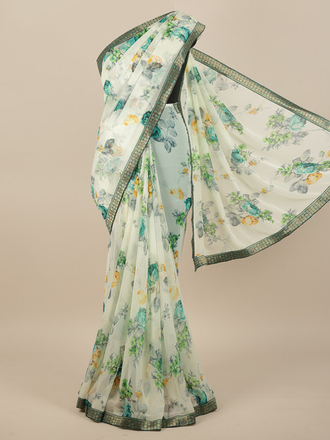 

Pothys Cream-Coloured & Green Floral Printed Saree