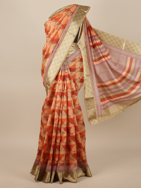 

Pothys Peach-Coloured & Brown Printed Jute Silk Saree