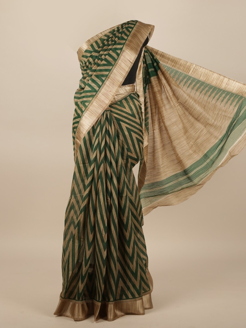 

Pothys Green & Tan Brown Printed Zari Jute Silk Saree