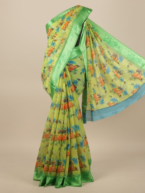 

Pothys Green & Orange Floral Printed Zari Jute Silk Saree