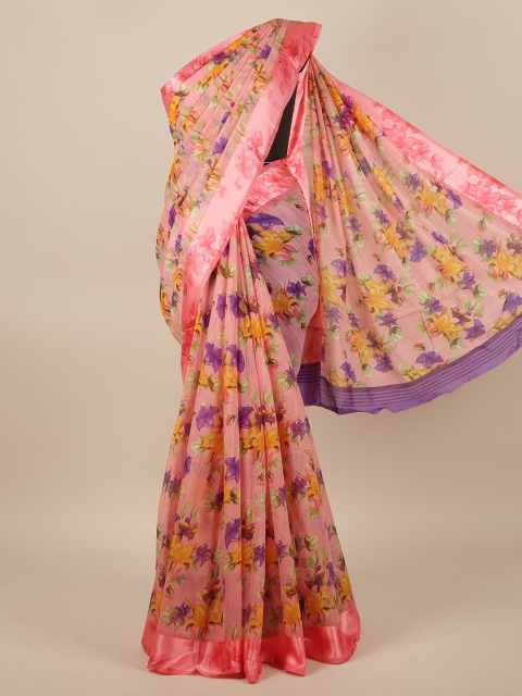 

Pothys Pink & Purple Floral Printed Zari Jute Silk Saree