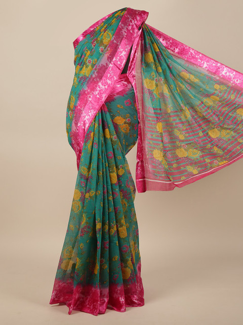 

Pothys Green & Pink Floral Printed Jute Silk Saree