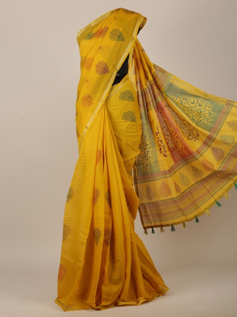 

Pothys Yellow & Green Ethnic Motifs Printed Zari Saree
