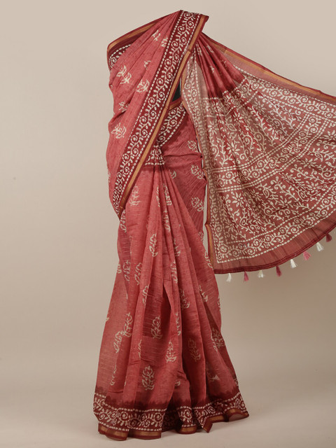 

Pothys Rust & White Ethnic Motifs Printed Zari Saree