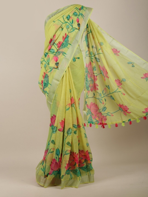 

Pothys Green & Pink Floral Printed Linen Blend Saree