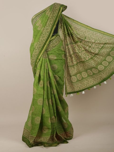 

Pothys Green & Cream-Coloured Ethnic Motifs Printed Zari Saree