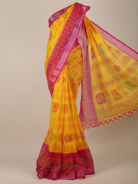 

Pothys Yellow & Pink Ethnic Motifs Printed Linen Blend Saree
