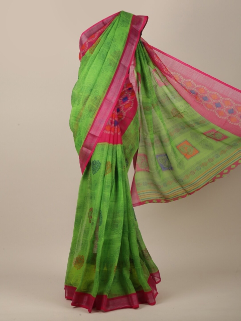 

Pothys Green & Magenta Ethnic Motifs Printed Linen Blend Saree